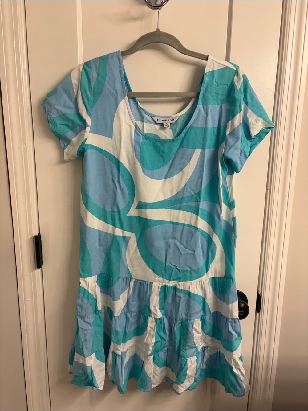 Aqua & White Short Sleeve Casual Dress